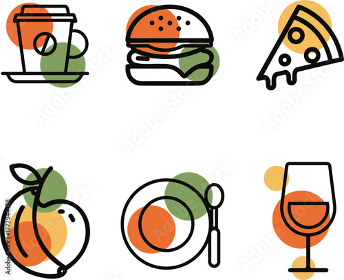 Funky Food and Drink Outline Icons with Color Splash