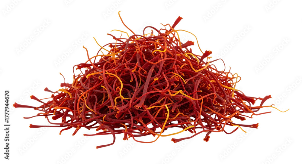 Naklejka premium Pile of Dried Red and Yellow Saffron Threads, with delicate strands, isolated on white or transparent background, PNG