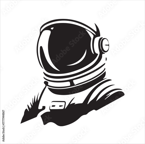 FilVector Portrait of Solitude: A High-Contrast, Black-and-White Stylized Illustration of an Astronaut's Helmet and Pressurized Suit.m & Video