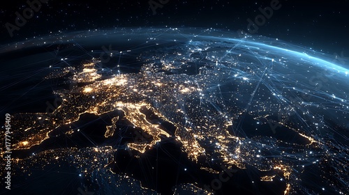 Earth at night from space with glowing city lights and network connections image photo