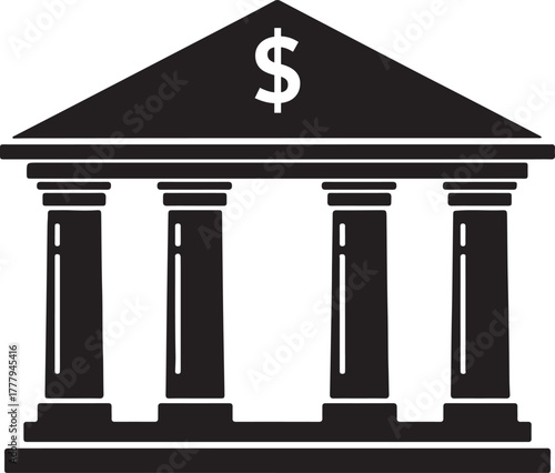 Classic greek revival bank building facade with ionic columns and dollar sign symbol representing finance and financial institutions