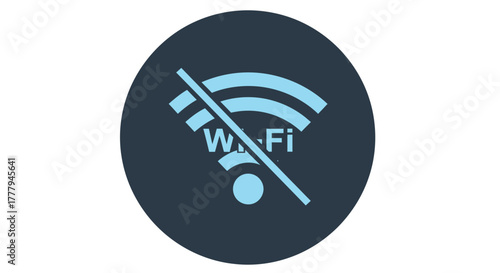 A dark blue oval displays a light blue disabled wifi signal icon
