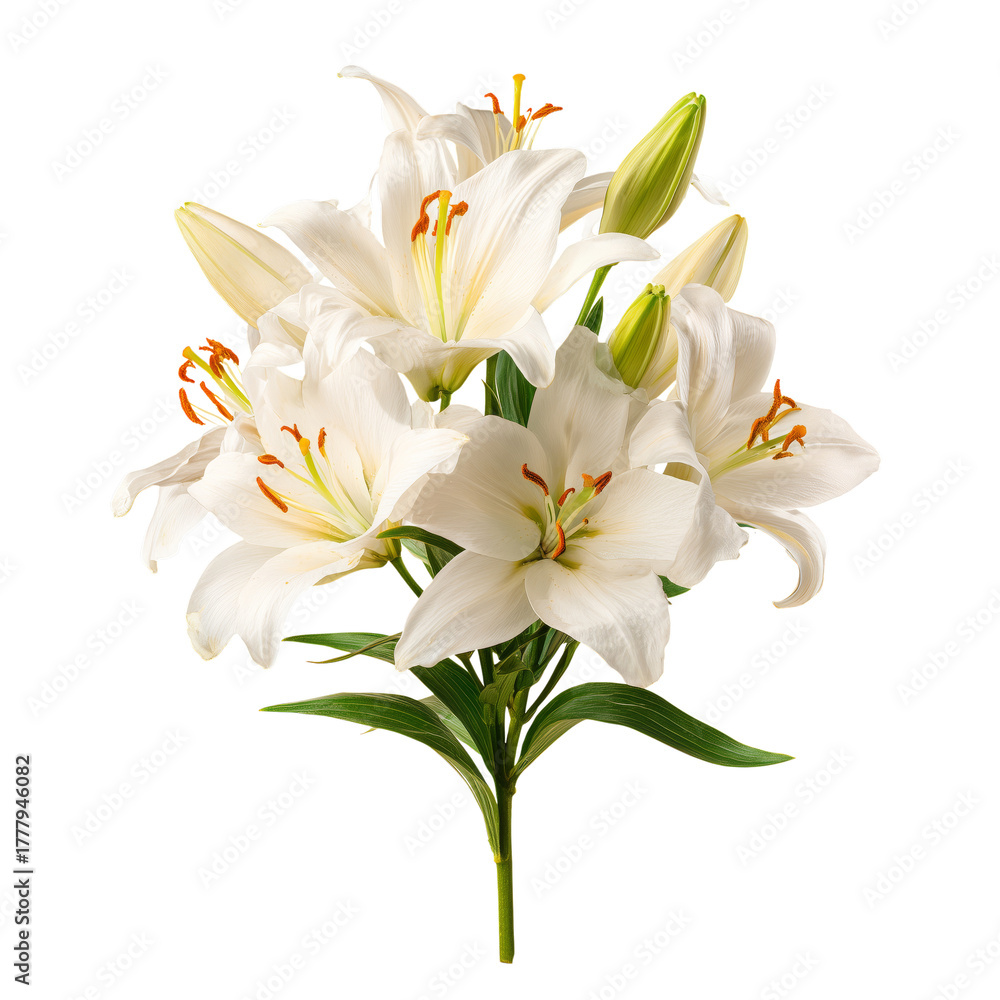 Fototapeta premium Beautiful White Lilies in Full Bloom on a Fresh Green Stem