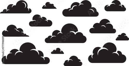 Collection of diverse black silhouette cloud shapes and sizes isolated on a clean white background perfect for graphic design elements