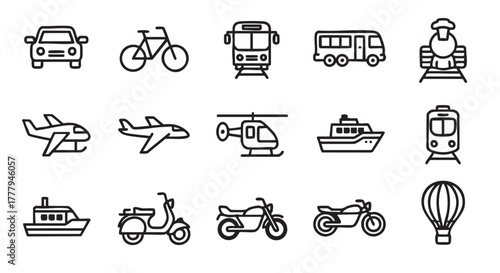 Variety of transportation icons including car bicycle airplane boat and scooter