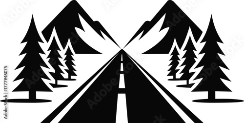 A minimalist vector illustration Road through mountains and trees logo