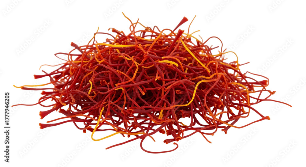 Naklejka premium Pile of Dried Red and Yellow Saffron Threads, with delicate strands, isolated on white or transparent background, PNG