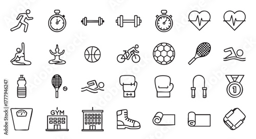 Vector Illustration of Sports and Fitness Icons in Black and White