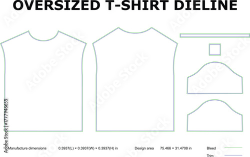 Oversized T-Shirt Dieline — Apparel Template with Bleed and Trim Lines for Fashion Design and Manufacturing