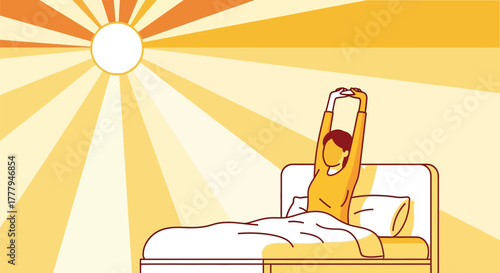 Woman stretching and waking up with bright sunlight in her bedroom
