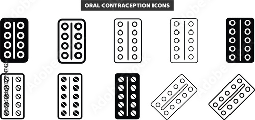 Oral Contraception Icon Set, Birth Control Pill Blister Pack Flat and Outline Vector Collection