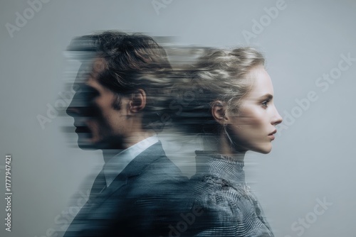 Dual Perspectives: A mesmerizing image depicting two individuals, blurred and overlaid, creating a sense of duality, time, and the multifaceted nature of identity.