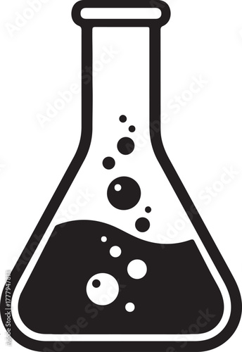 Simple black and white illustration of a laboratory erlenmeyer flask filled with dark liquid and rising bubbles representing a chemical reaction or experiment in science