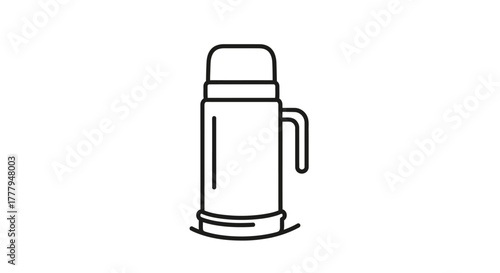 Simple line drawing of a thermos with a handle, lid, and base, isolated on a white background.