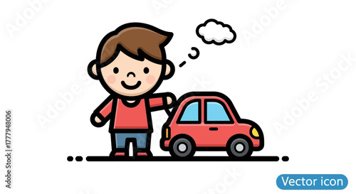 Cartoon boy smiles and points to a small red car, with a thought bubble above.