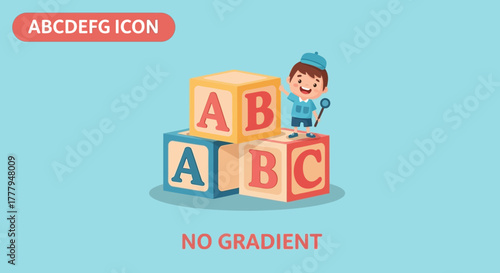 A cheerful child stands atop alphabet blocks, holding a wand, ready to play.