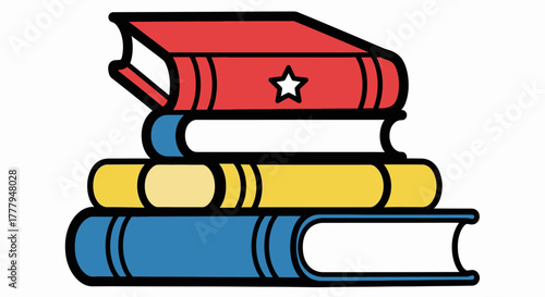 Stack of books in red, white, yellow, and blue colors.