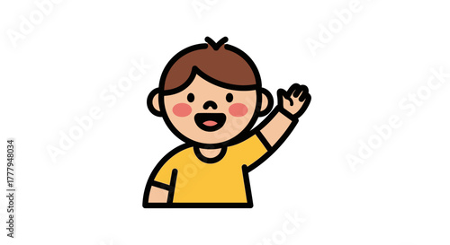 Cartoon drawing of a young boy with brown hair waving his hand in a friendly gesture.