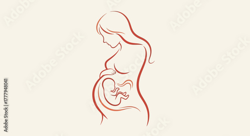 Delicate line art illustration depicting a pregnant woman with a baby.