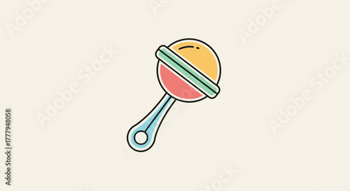 Illustration of a baby rattle toy, featuring a yellow top, red middle, and blue handle, outlined in black.