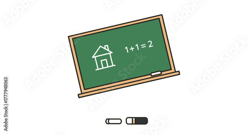 Simple illustration of a green chalkboard with a house and math equation.