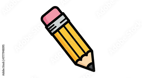 A cartoon illustration of a yellow pencil with a pink eraser, ready to write.