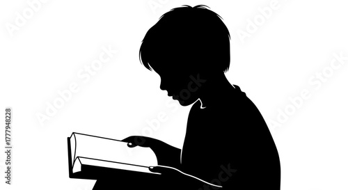 Silhouette of a young person reading a book, focused on the pages, against a white background.