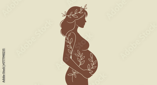 Silhouette of a pregnant woman adorned with floral elements, symbolizing motherhood and nature.