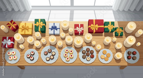 Festive Christmas table with gifts candles and cookies