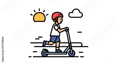 A young child wearing a helmet rides a scooter outdoors on a sunny day.