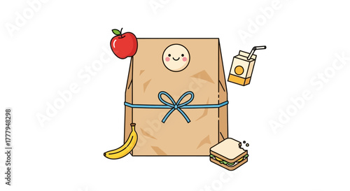 A charming illustrated lunch bag with food items surrounding it, ready to eat.