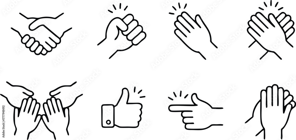 Fototapeta premium Hand Gesture Icon Set - Vector Illustration of Handshake, Fist Bump, Applause, and Like Icons for Design and Communication