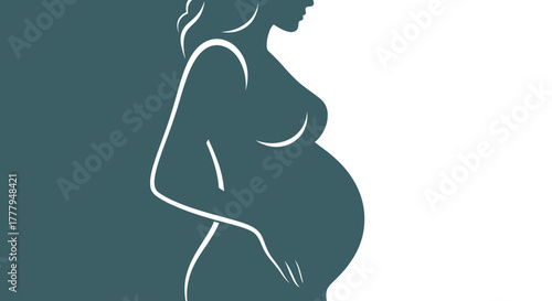 Silhouette illustration of a pregnant woman, side view, against a split teal and white background.