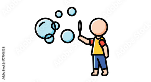 A child is blowing bubbles with a wand. The bubbles are floating in the air.