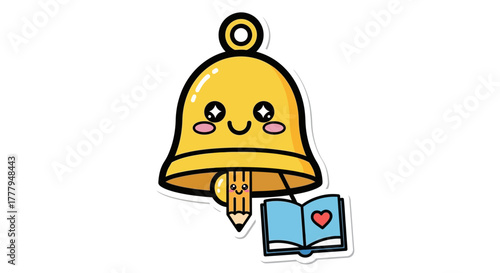 A cheerful cartoon bell with a pencil and an open book, representing education.