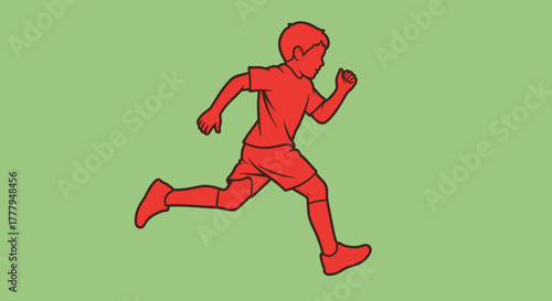 A red silhouette of a young boy running swiftly across a green background.