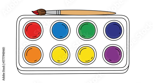 A top-down view of a watercolor paint palette and paintbrush, ready for artistic creation.