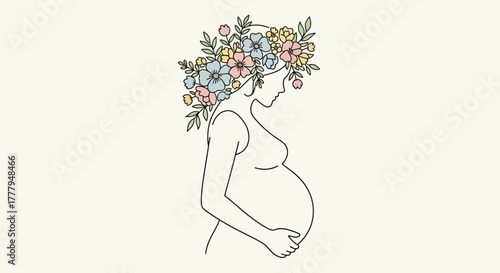 Delicate line drawing of a pregnant woman adorned with a floral crown, soft background.