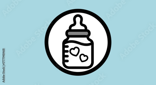 Baby bottle icon with heart details, inside a white circle on a blue background.