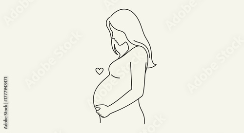 Line art illustration of a pregnant woman holding her belly, with a small heart detail.