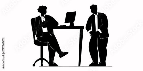 Silhouette vector illustration of two business people consulting in an office setting, one seated at a computer desk, the other standing, isolated on white.