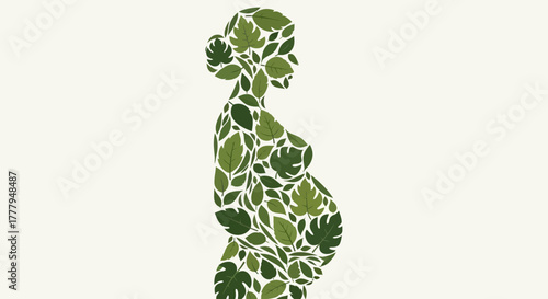 Silhouette of a pregnant woman filled with green leaves, symbolizing nature and new life.