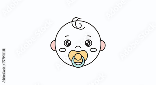 Baby face illustration with pacifier, simple design, isolated on white background.