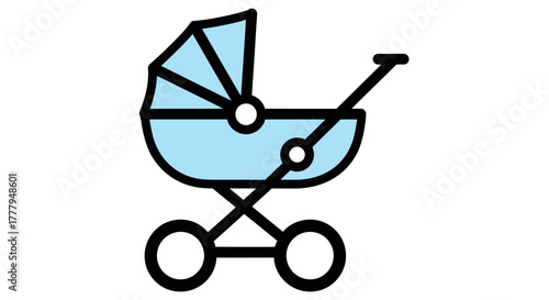 Light blue baby stroller icon with black outlines and wheels.