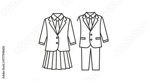 Outlined illustration of a girl's and boy's school uniform, showing a blazer, skirt, and trousers.