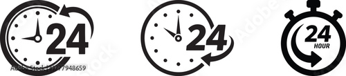 Collection of three black and white graphic icons representing 24 hour service availability with clocks and arrows indicating continuous operation and time
