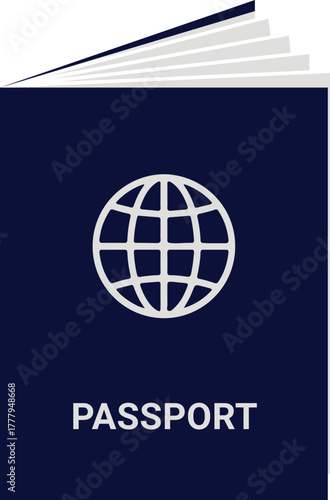Open navy blue passport with a white globe symbol and the word passport on the cover ready for international travel and documentation