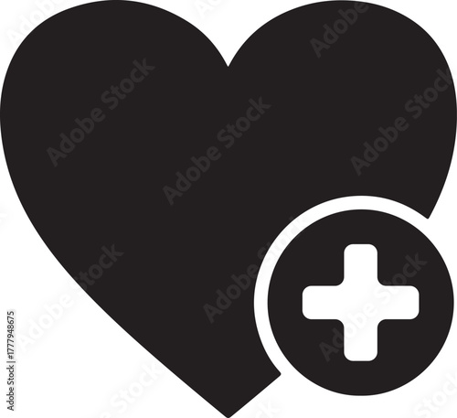 Simple black silhouette of a heart icon with a white plus sign inside a circle overlaid on the lower right corner representing health care or medical assistance