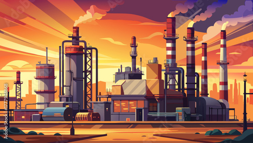Very beautiful oil refinery under an orange afternoon sky, industrial structures with smokestacks and pipes, slight touches of sunlight reflecting on metal surfaces, atmospheric perspective with soft 