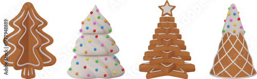 set of gingerbread christmas tree. collection of 3d christmas trees with icing decorations and cookies